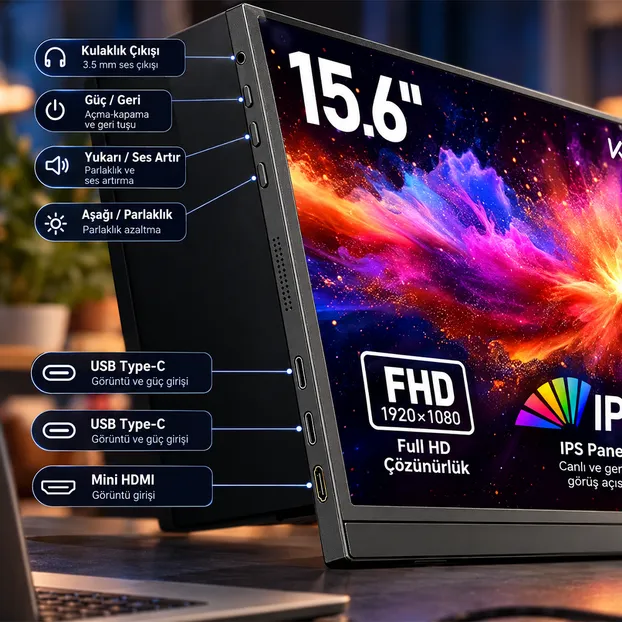 Koorui E1512A 15.6" 60Hz Full HD IPS Type-C Mini HDMI Taşınabilir Monitör
